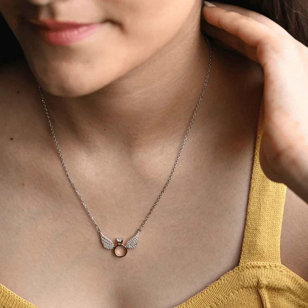 Rose Gold Angel Wings with Silver Chain Pendant
